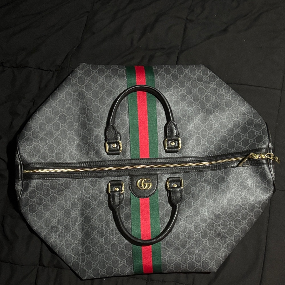 Gucci Black and Gray Monogram Bag with Red and Green Stripe